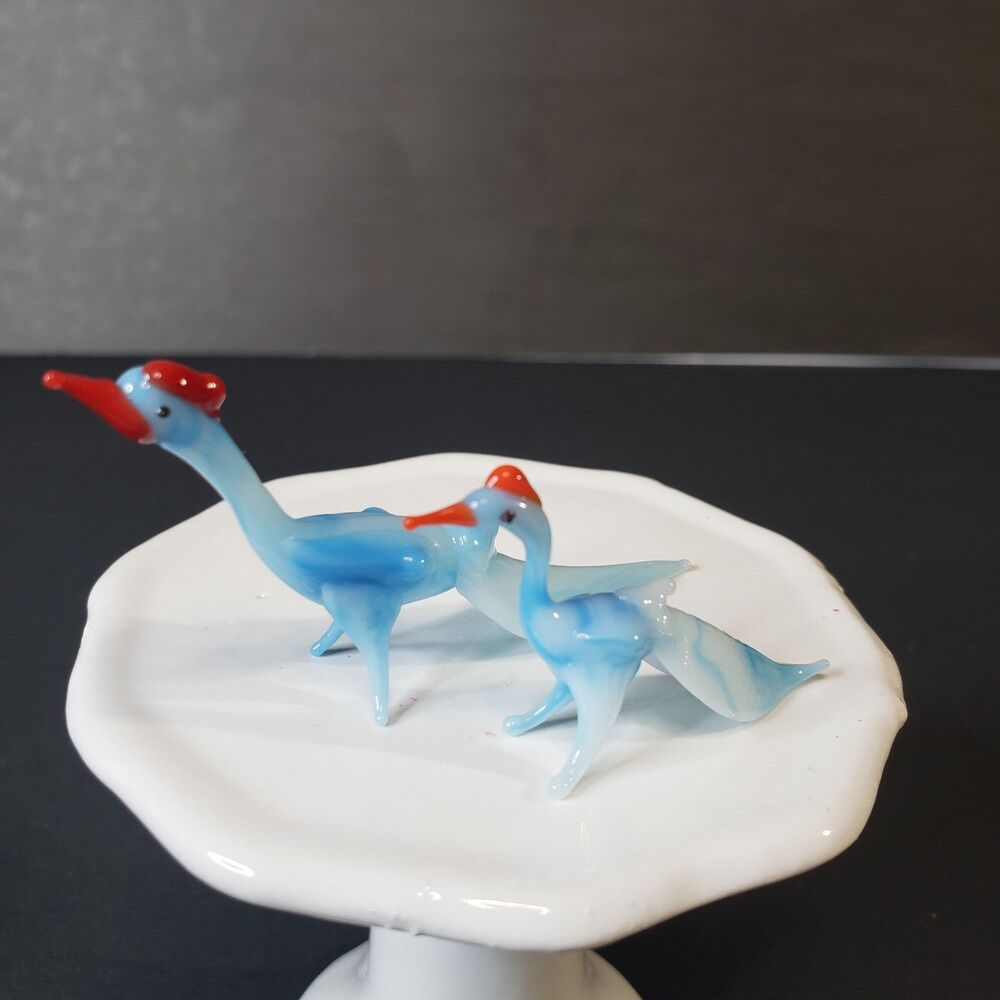 Vintage MCM Two Miniature Blue Hand-Blown Glass Bird Figurines 2" Set of 2